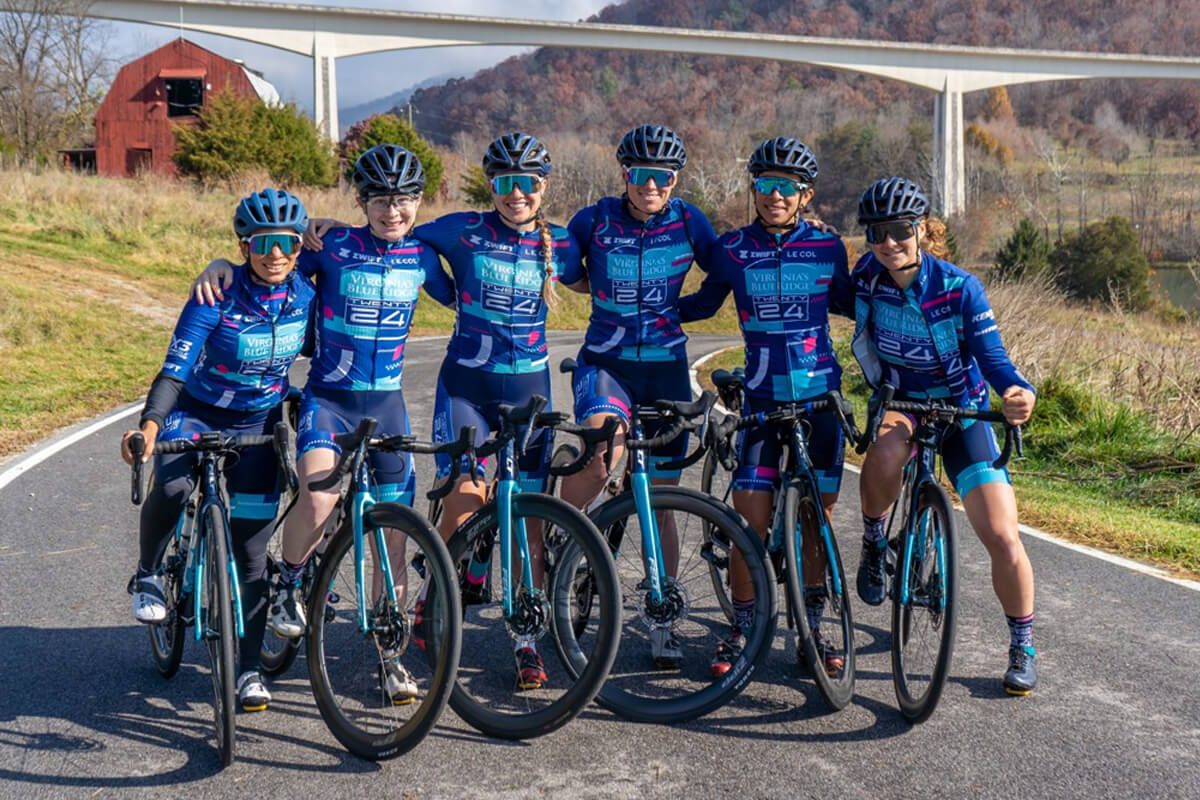 (From left) Sofia Arreola Navarro, Emily Ehrlich, Melisa Rollins, Jennifer Valente, Marlies Mejias Garcia, and Dani Morshead in front of the Virginia Tech Transportation Institute Virginia Smart Roads Bridge.