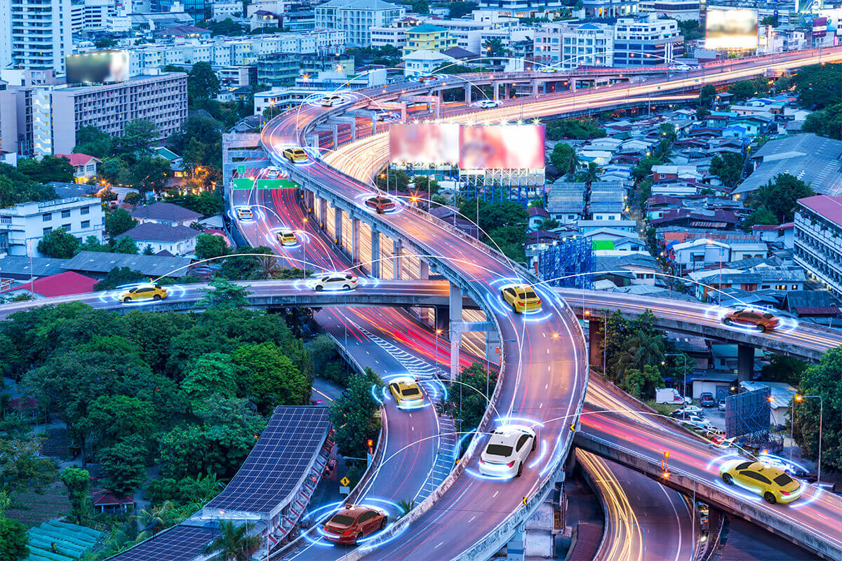 Aerial view of connected traffic on a highway